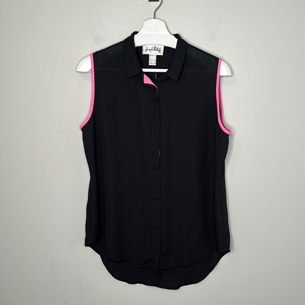Joseph Ribkoff Black and Pink Sleeveless Sheer Open Back Blouse